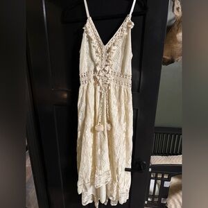 Cream Lace Midi Dress with Tassels